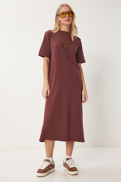 Happiness İstanbul Braunes besticktes Sommer-Strickkleid für Damen CR00467