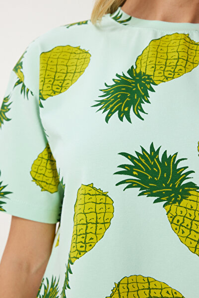 Happiness İstanbul Női menta zöld mintás rövidnadrág kötött pizsama szett XE00001