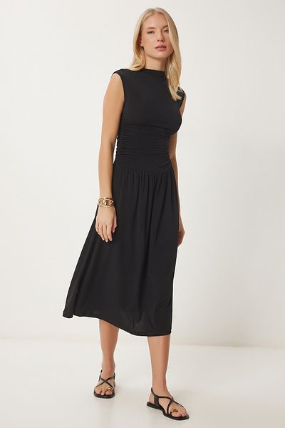 Happiness İstanbul Women's Black Gathered Midi Sandy Dress Ub00320