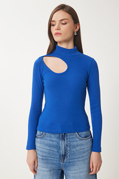 Happiness İstanbul Kadın Koyu Mavi Beyaz 2'li Paket Cut Out Detaylı Fitilli Örme Bluz GT00235
