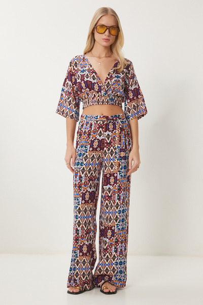 Happiness İstanbul Women's Burgundy Orange Patterned Crop Blouse Trousers Set Zv00270