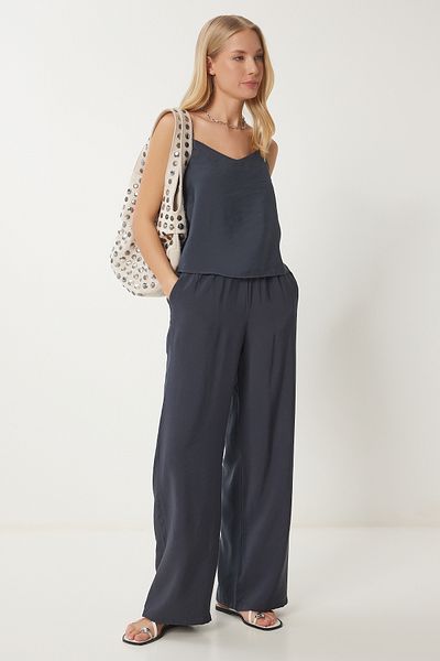Happiness İstanbul Anthrazitfarbener, gewebter Blusen-Hosensatz für Damen MC00293