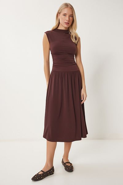 Happiness İstanbul Braunes Midikleid Sandy mit Kordelzug für Damen UB00320