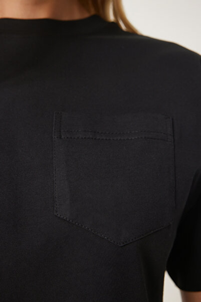 Happiness İstanbul Γυναικείο Μαύρο Βαμβακερό Πλεκτό T-Shirt CR00443