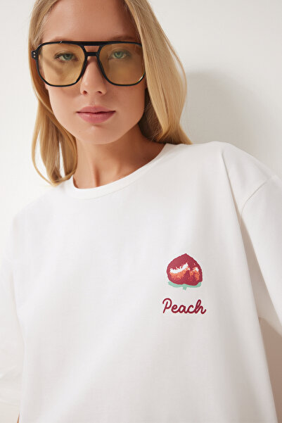 Happiness İstanbul Ecru bedrucktes Oversize-Strick-T-Shirt aus Baumwolle für Damen CR00466