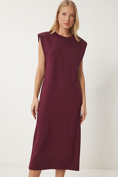 Happiness İstanbul Burgunderrotes, wattiertes Basic-Sommer-Modalkleid für Damen EJ00002