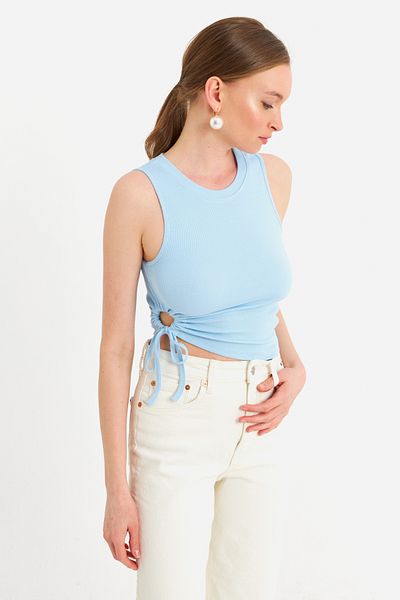 Cool & Sexy Women's Baby Blue Basic Blouse with Drawstring Sides Rsp329
