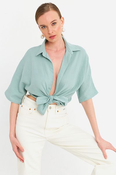 Cool & Sexy Mint Motiv Leinen Bluza Begleitende Axtarış Tersili (Baglamalı) - BTH16