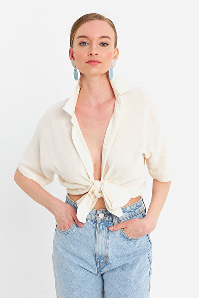 Cool & Sexy Dámská Ecru vázaná plátěná halenka BTH16