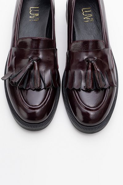 LuviShoes Червени лачени дамски обувки с пискюли от естествена кожа Milina бордо
