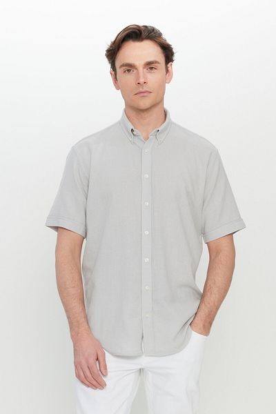 AC&Co / Altınyıldız Classics Ανδρικό ανοιχτό γκρι 100% βαμβακερό πουκάμισο με κουμπιά με κουμπιά με κουμπιά με γιακά