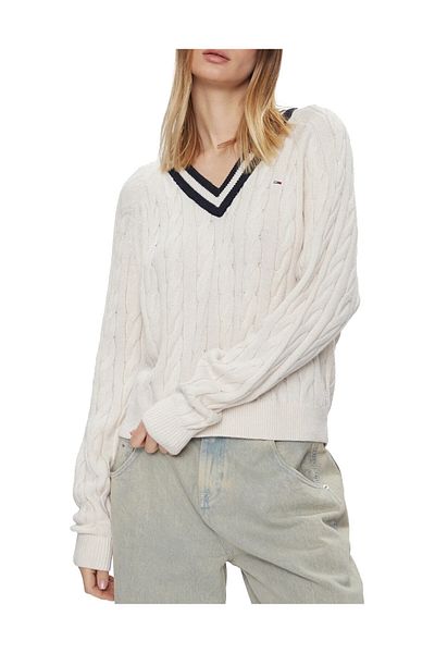 Tommy Jeans STRICKWAREN, FÜR DAMEN, V-AUSSCHNITT, LANGE ÄRMEL, ZWEIFARBIG, MIT LOGO