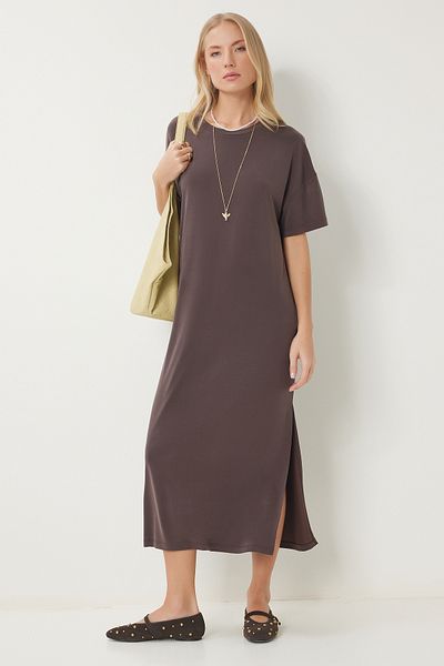 Happiness İstanbul Γυναικείο Σκούρο Καφέ Oversize Basic Καλοκαιρινό Πλεκτό Φόρεμα UB00299