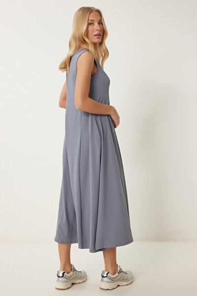 Happiness İstanbul Kadın Füme Cepli Yazlık Kloş Midi Elbise UB00329