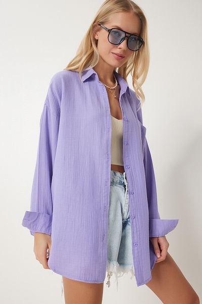 Happiness İstanbul Lilafarbenes Oversize-Basic-Musselin-Shirt für Damen MX00150
