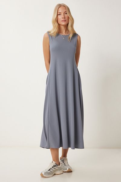 Happiness İstanbul Geräuchertes, ausgestelltes Sommer-Midikleid mit Taschen für Damen UB00329