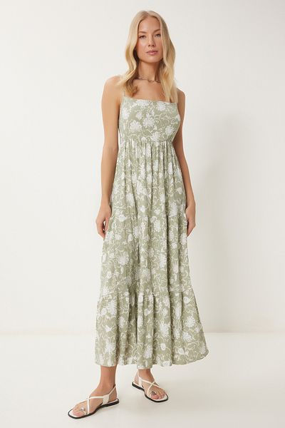 Happiness İstanbul Grünes, rückenfreies Sommerkleid mit Crinkle-Strickmuster für Damen UB00334