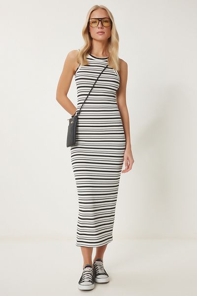 Happiness İstanbul Rochie tricotată midi de vară cu dungi alb-negru pentru femei UB00337