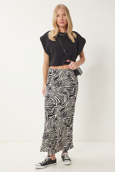 Happiness İstanbul Fusta de damă din satin cu model crem negru UB00345