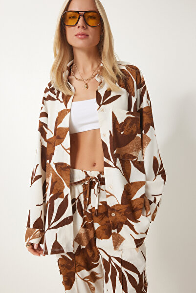 Happiness İstanbul Γυναικείο Καφέ Κρεμ με μοτίβο Crinkle Καλοκαιρινό Πλεκτό Πουκάμισο Παντελόνι ZH00044