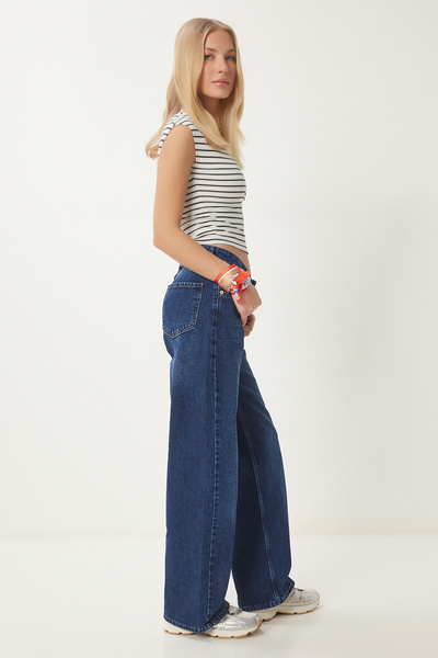 Happiness İstanbul Blaue Damenjeans mit weitem Bein und Waschung US00960