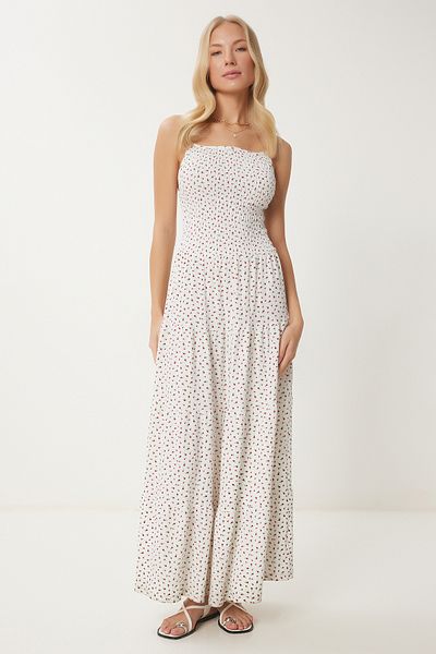 Happiness İstanbul Damen-Sommerkleid mit Crinkle-Strickmuster, Knochen, Burgunderrot, Blumenmuster, Volant, UB00335