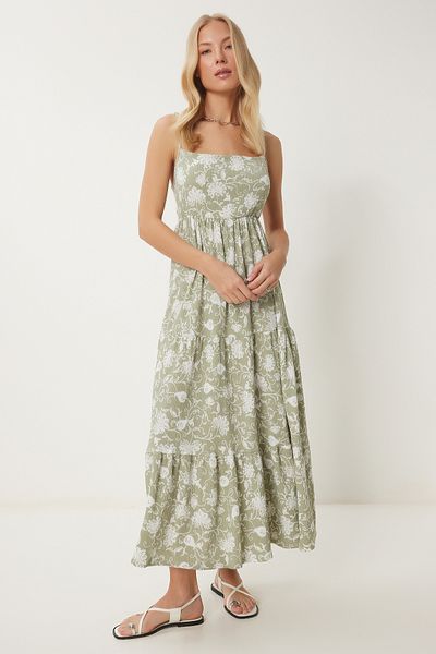 Happiness İstanbul Grünes, rückenfreies Sommerkleid mit Crinkle-Strickmuster für Damen UB00334