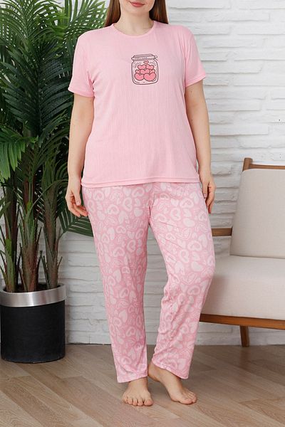 Edit by Trendyol Pink Heart Patterned Knitted Plus Size Pajamas Set Tedss25Ai00003