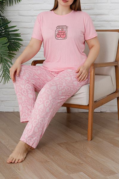 Edit by Trendyol Pink Heart Patterned Knitted Plus Size Pajamas Set Tedss25Ai00003