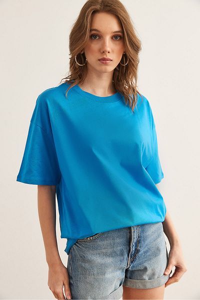 Olalook Tricou albastru din bumbac cu gât crew pentru femei TSH- 19000853