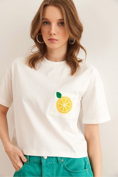 Olalook Tricou alb din bumbac cu buzunar pentru femei TSH- 19000857