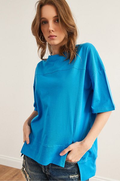 Olalook Tricou de damă din bumbac, albastru cer, cu cusături, cu decupaj în față TSH- 19000800