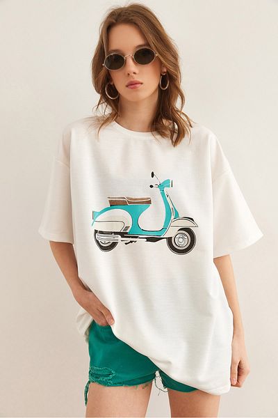Olalook Tricou alb pentru femei, cu imprimeu pentru motociclete, cu 2 fire, cu potrivire confortabilă TSH- 19000850