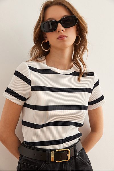 Olalook Women's Ecru Black Crew Neck Striped Pleated Blouse Blz- 19002893