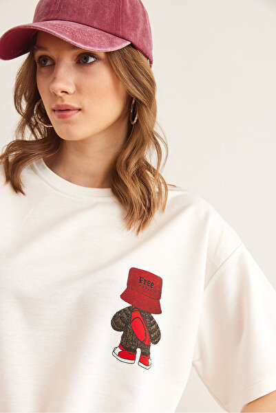 Olalook Γυναικείο λευκό ρομπότ μπλουζάκι μπροστινό πίσω με στάμπα 2 κλωστών Άνετο μπλουζάκι TSH- 19000852