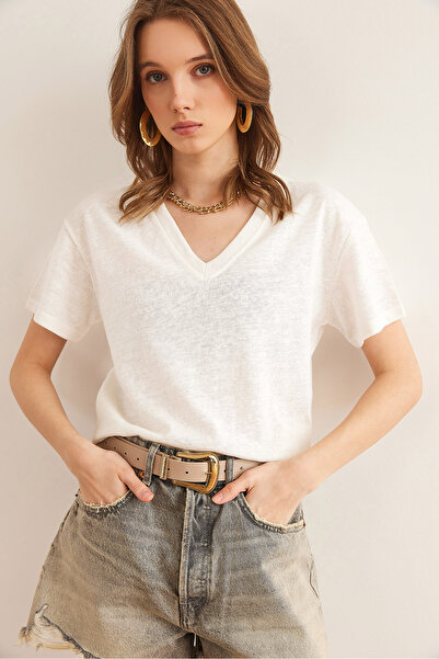 Olalook Tricou crop alb cu decolteu în V pentru femei TSH- 19000861