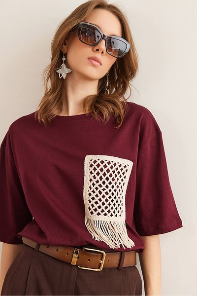 Olalook Tricou cu garnitură pentru femei - Roșu Claret TSH- 19000768