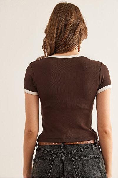 Olalook Жіноча блузка з детальним модальним тюлем BLZ19002896 з гірким коричневим кропом BLZ19002896