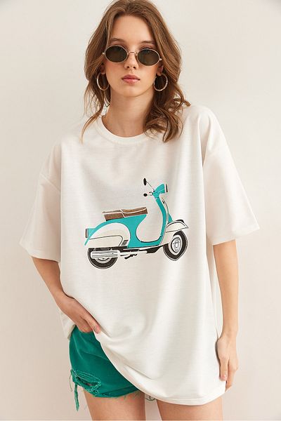 Olalook Tricou alb pentru femei, cu imprimeu pentru motociclete, cu 2 fire, cu potrivire confortabilă TSH- 19000850