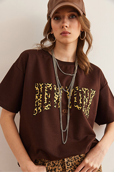 Olalook Γυναικείο μπλουζάκι καφέ Leopard Newyork 2 Wise άνετη εφαρμογή