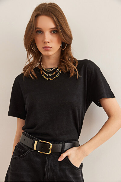 Olalook Γυναικείο μπλουζάκι με μαύρη φλάντζα με λαιμόκοψη TSH- 19000860