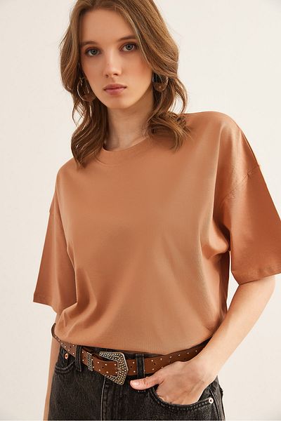 Olalook Women's Camel Crew Neck Cotton T-Shirt Tsh- 19000853