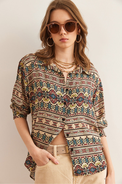 Olalook Kadın Taş Kilim Yıkamalı Yumuşak Dokulu Desenli Viskon Gömlek GML-19001305