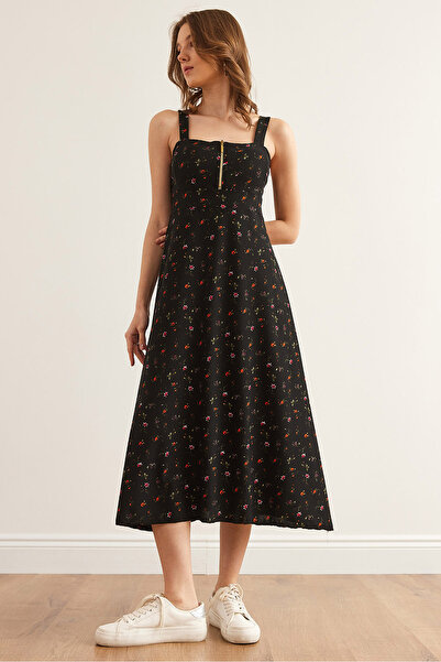 Olalook Dámské černé oranžové vzorované pletené šaty na zip ELB- 19000615