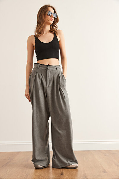 Olalook Women's Smoked Pocket Pleated Wide Leg Polyviscon Trousers Pnt- 19000321