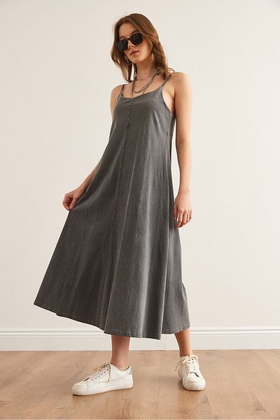 Olalook Women's Gray Strap Adjustable Washed Midi Dress 4614 Elb- 19002354