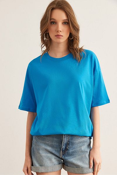 Olalook Tricou albastru din bumbac cu gât crew pentru femei TSH- 19000853