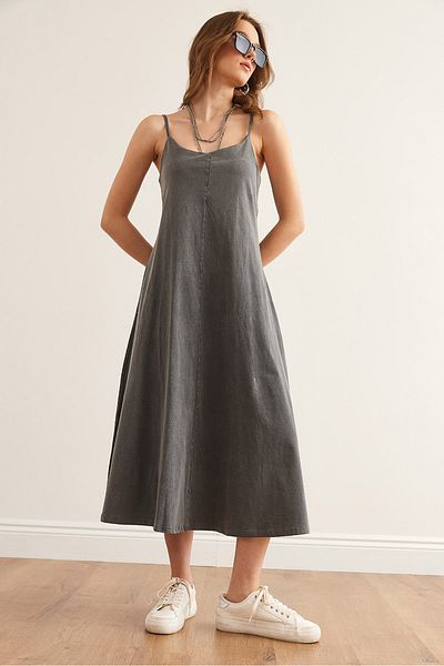 Olalook Women's Gray Strap Adjustable Washed Midi Dress 4614 Elb- 19002354