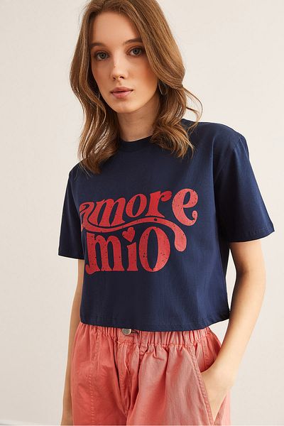 Olalook Μπλουζάκι με εμπριμέ μπλουζάκι Navy Blue Amore TSH- 19000858