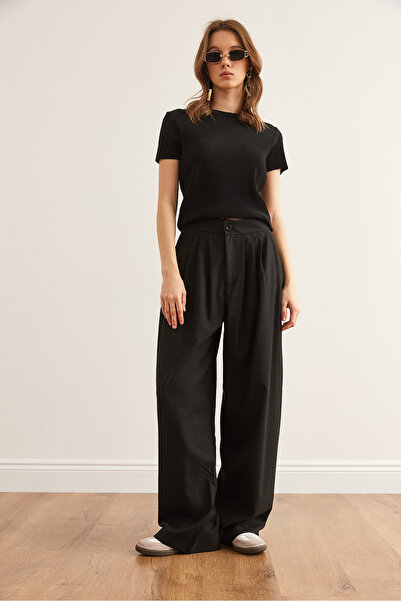 Olalook Γυναικείο μαύρο παντελόνι 3 πλισέ φαρδύ πολυβισκόνη PNT- 19000322